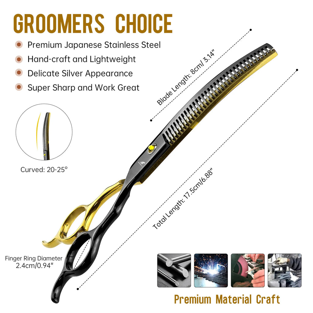 Grooming Scissors Japan Stainless 6.5" Professional Pet Scissors Curved Chunker Scissors for Groomer Bend Down Thinning Shears