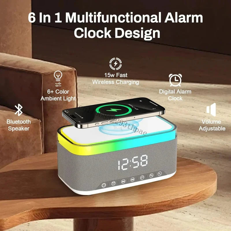 New Smart 6-in-1 Bluetooth Speaker 60W Wireless Charger Bedhead Night Light Alarm Clock LED Clock with FM Radio Music Cente