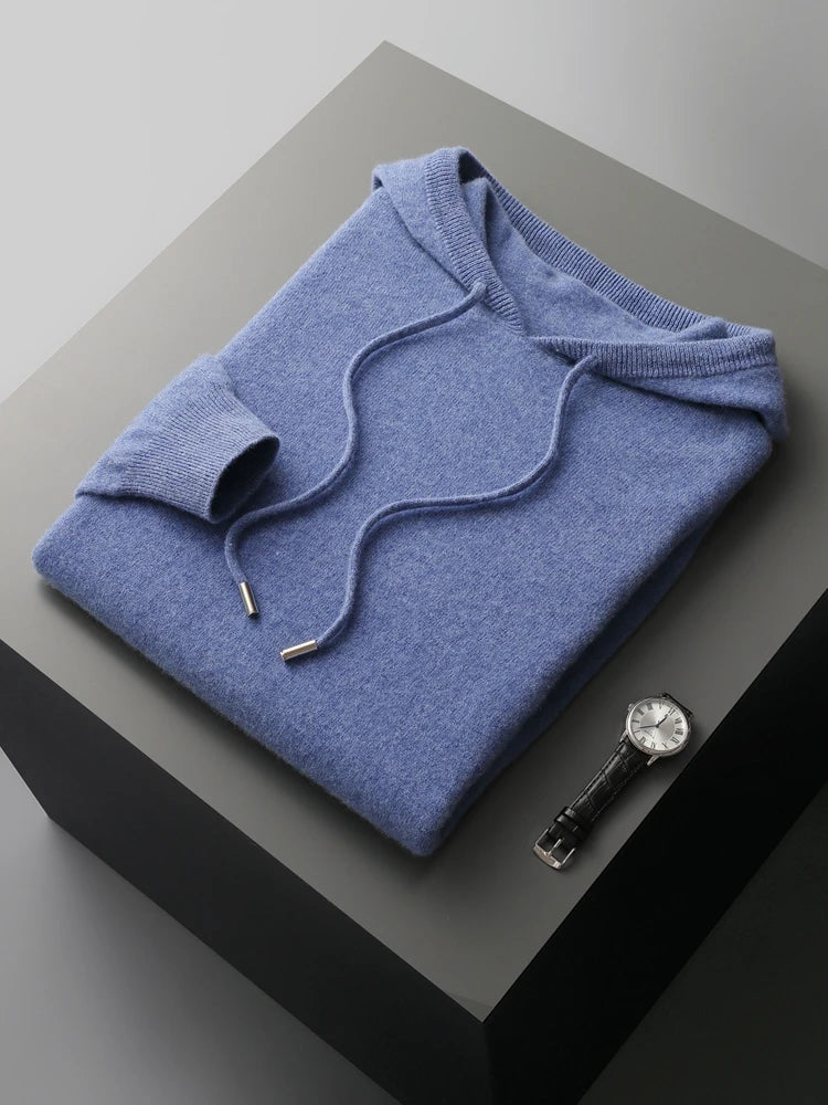 MVLYFLRT Men's 100% Merino Wool Sweater Hooded Collar Knitted Pullover Sweatshirt Autumn Winter Casual Large Tops Long Sleeved