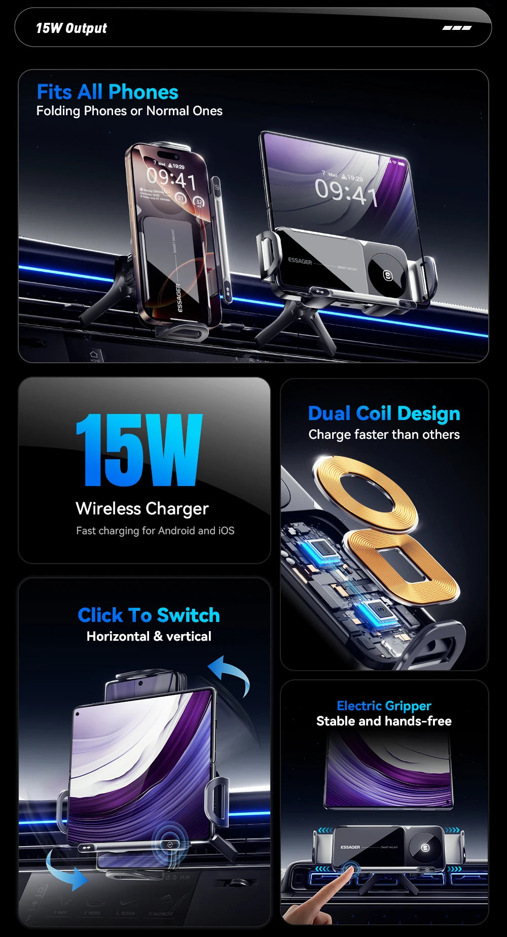 Essager 15W Car Wireless Charger Dual Coil One-Touch Rotatable Car Phone Holder For Samsung Galaxy Z Fold6 5 4 Flip 6 5 4 iPhone