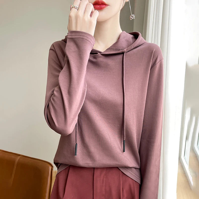 Spring Summer 100% Mercerized Cotton Hoodie Women Loose Straight Tops Simple Casual sweatshirt For Minimalist 2025