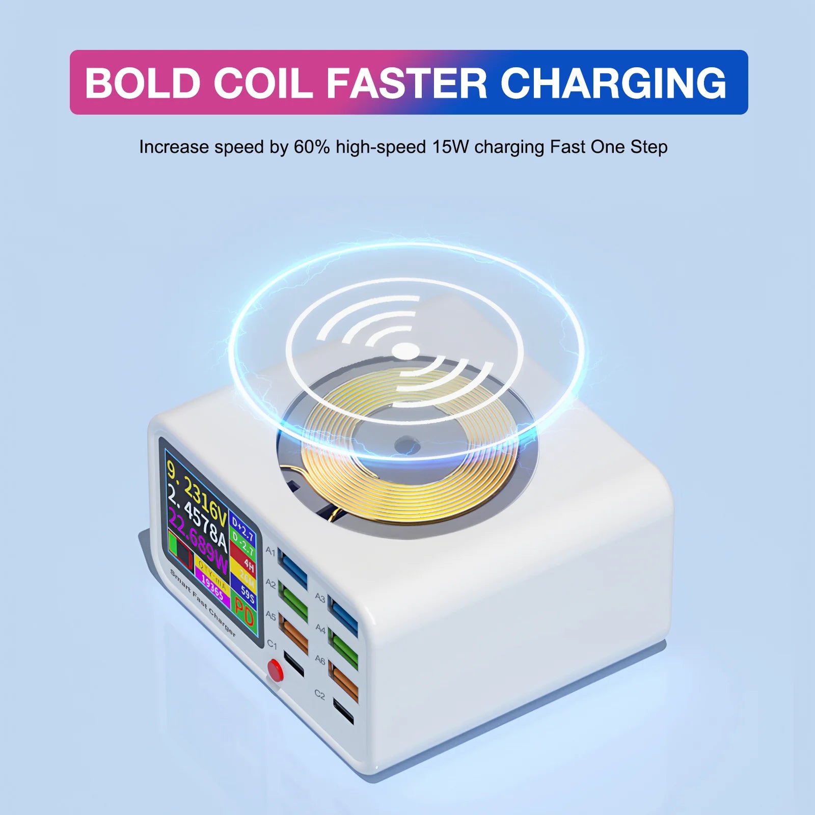 Unew Multifunction USB C Fast Charger 8 Port Desktop Charger Type C PD3.0 PPS QC3.0 15W Fast Wireless Charger for MacBook Phone