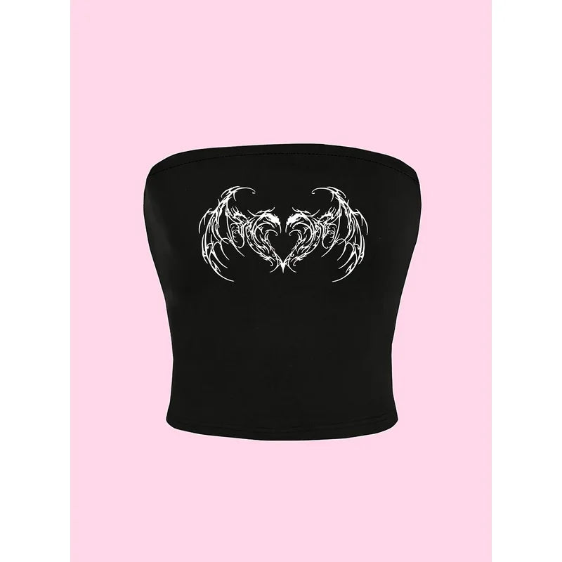 Dark-Style Heart-Wing Print Design Women's Tube Top Y2K