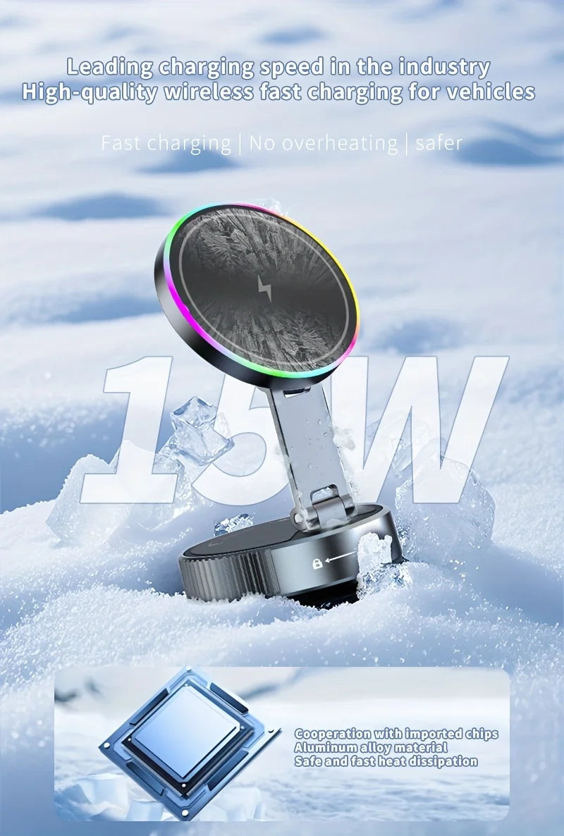 Magnetic Car Wireless Charger RGB Light Phone Holder Stand 360° Rotate Vacuum Suction Cup For Magsafe iPhone 12-16 Fast Charging