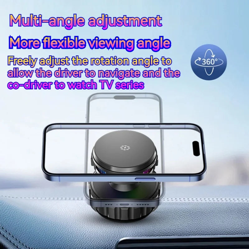 15W Car Magnetic Wireless Charger Phone Stand, Suction Cup with Semiconductor Cooling & Colorful Ambient Lights, 360° Rotatable