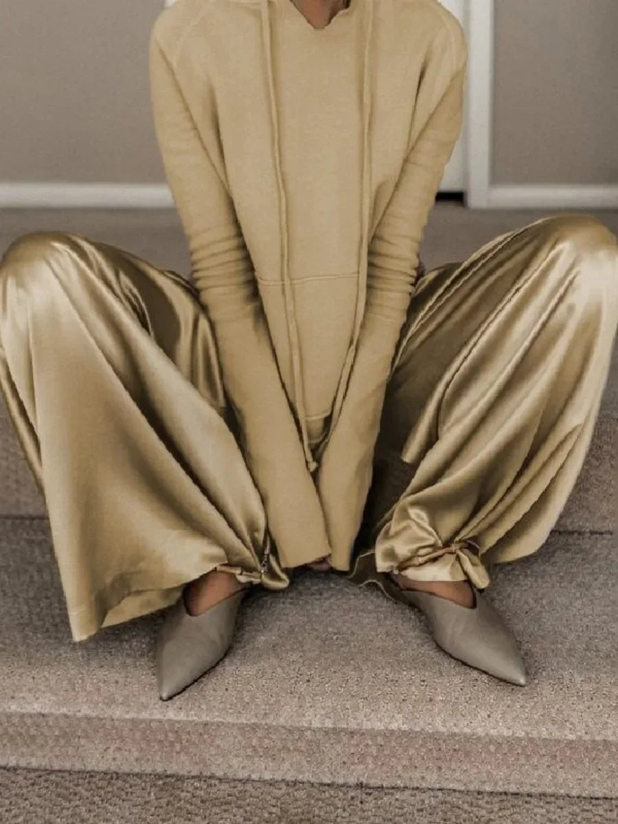 Freeacy 2026 Casual Two-piece Suit for Women Drawstring Hooded Sweatshirt and High Waist Wide Leg Pants Casual Pant Sets