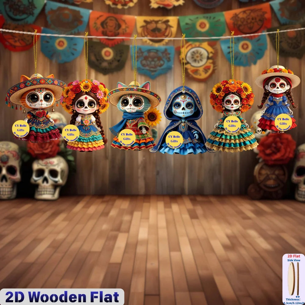 2D Flat Wooden Candy Skull Hanging Ornaments Halloween Day