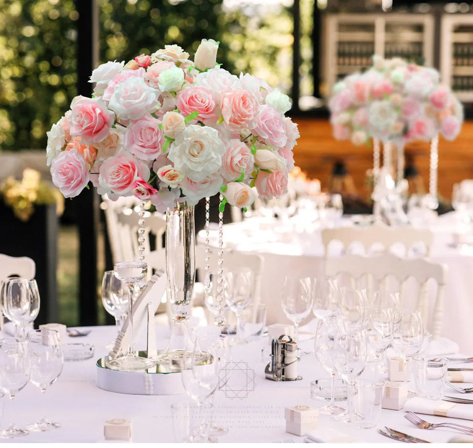 White Wedding Backdrop Decor Rose Floor Flower Runner Event Table Centerpieces Ball Pink Floral Strip Arrangement Party Props