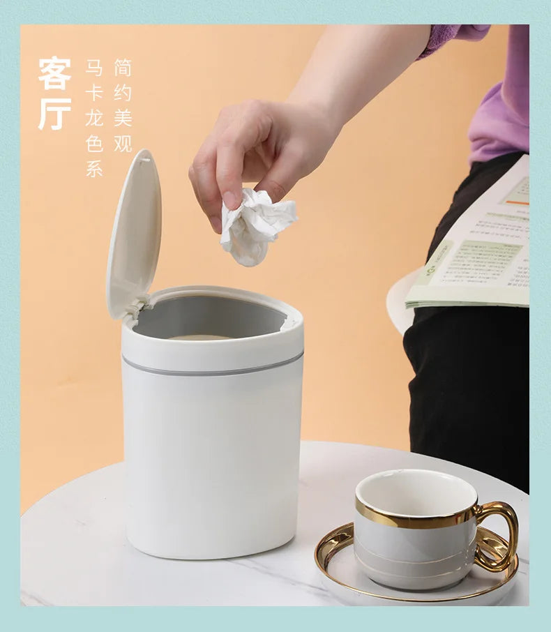 Small Trash Can with Lid Plastic Press Type Step On Wastebasket for Office Dorm Bedroom Bathroom Kitchen Car Desktop