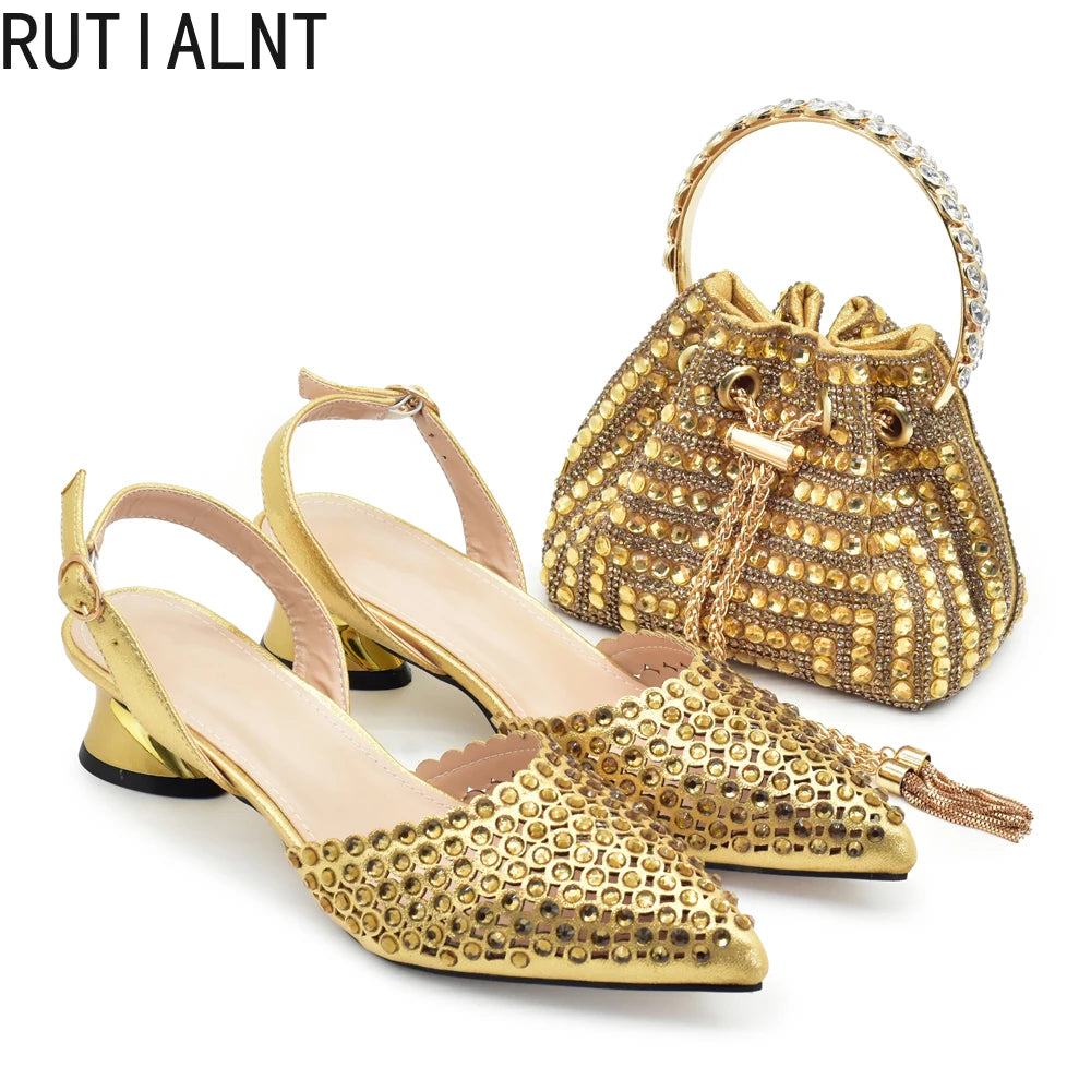 Fashion Gold Color Shoes and Bags To Match Set