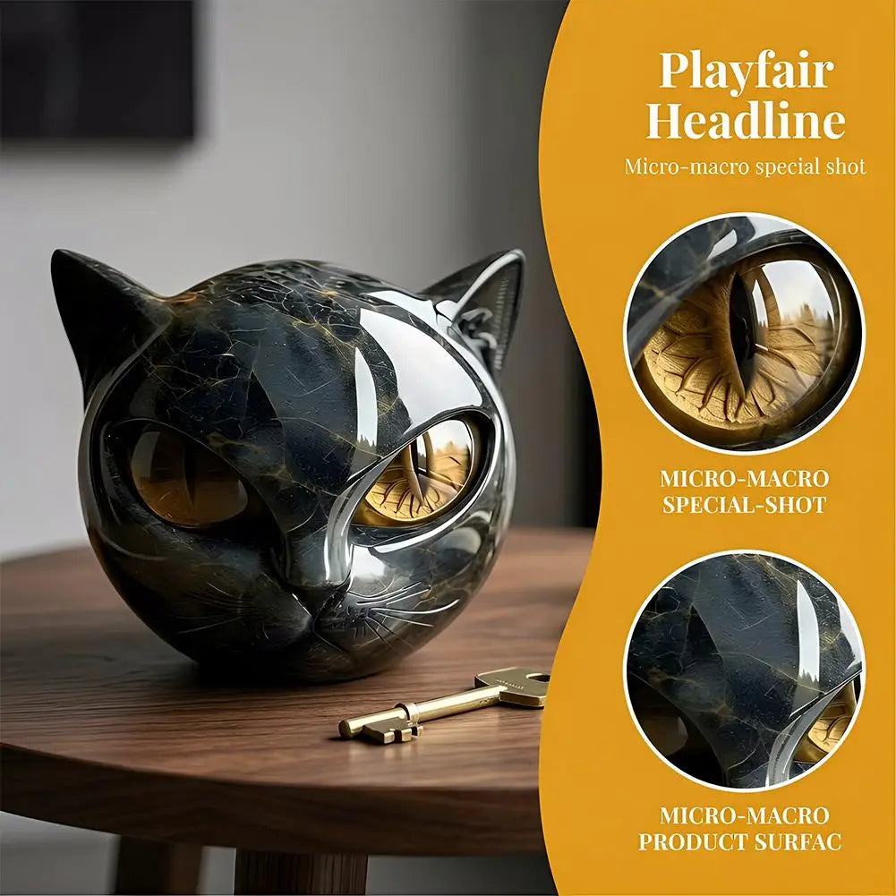Black Cat Head  - Luxury Resin Figurine with Various Pupil Colors, Marble Texture Cat Statue for Office Desk Decor, Unique Gift
