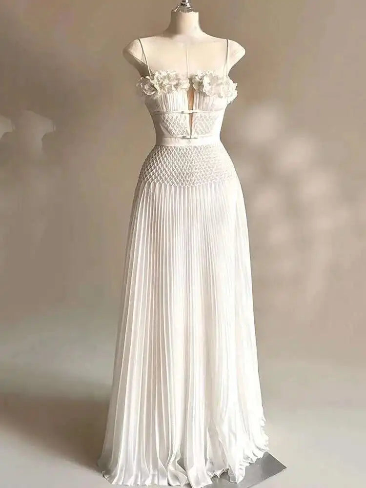 DEAT Elegant Dress Hollow Out Backless Camisole Pleated Flower