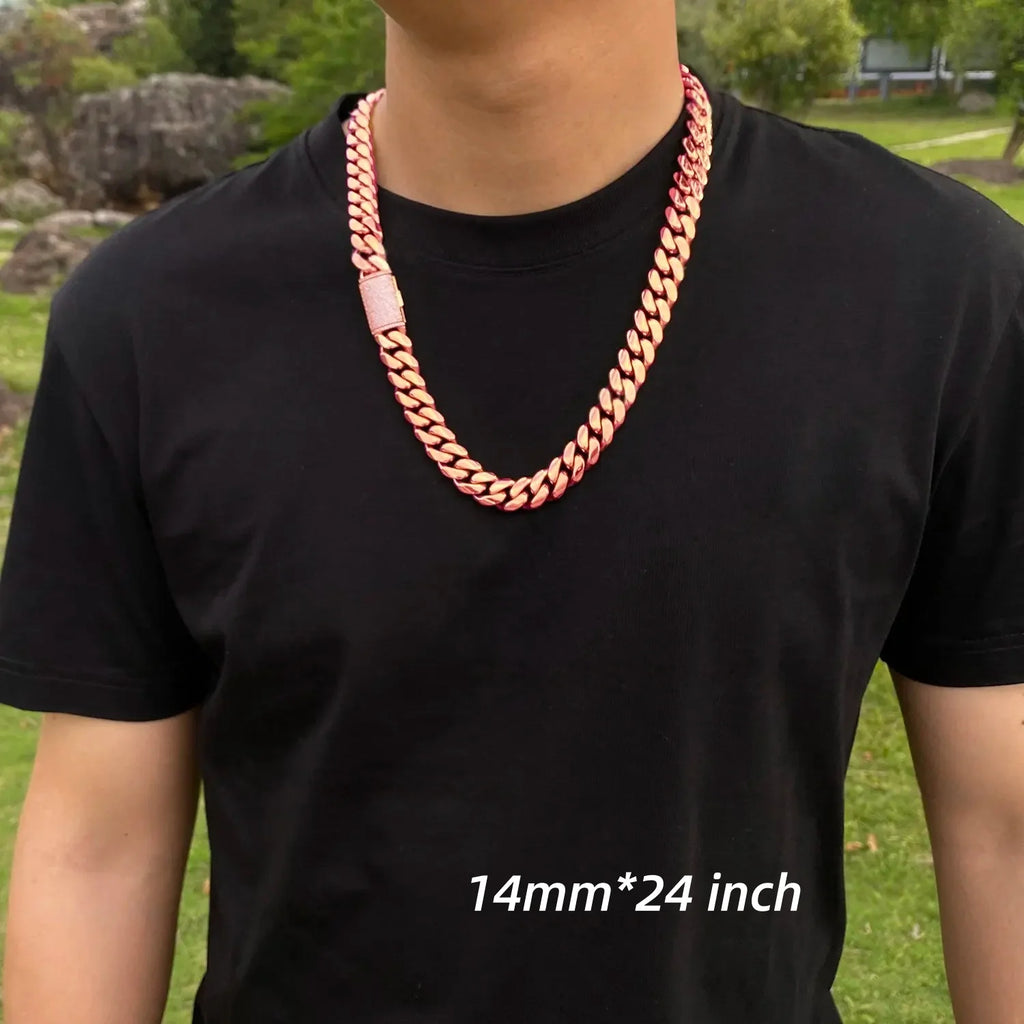 Men's Miami Cuban Link Chain, Heavyweight 316L Stainless Steel with Iced Out Moissanite Clasp, Rose Gold Color Hypoallergenic Never-Fade Finish, 14-22mm Necklaces, Heavy Chain, Chunky Necklace, 18-30 Inch,, Adjustable, Bold W