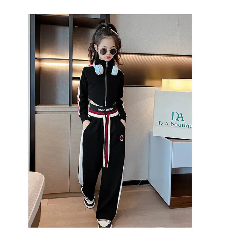 Spring Autumn Girl Striped Cropped Full Zip Sweatshirt+Loose Drawstring Sweatpant Set School Kids Tracksuit Child Outfit 3-16Yrs
