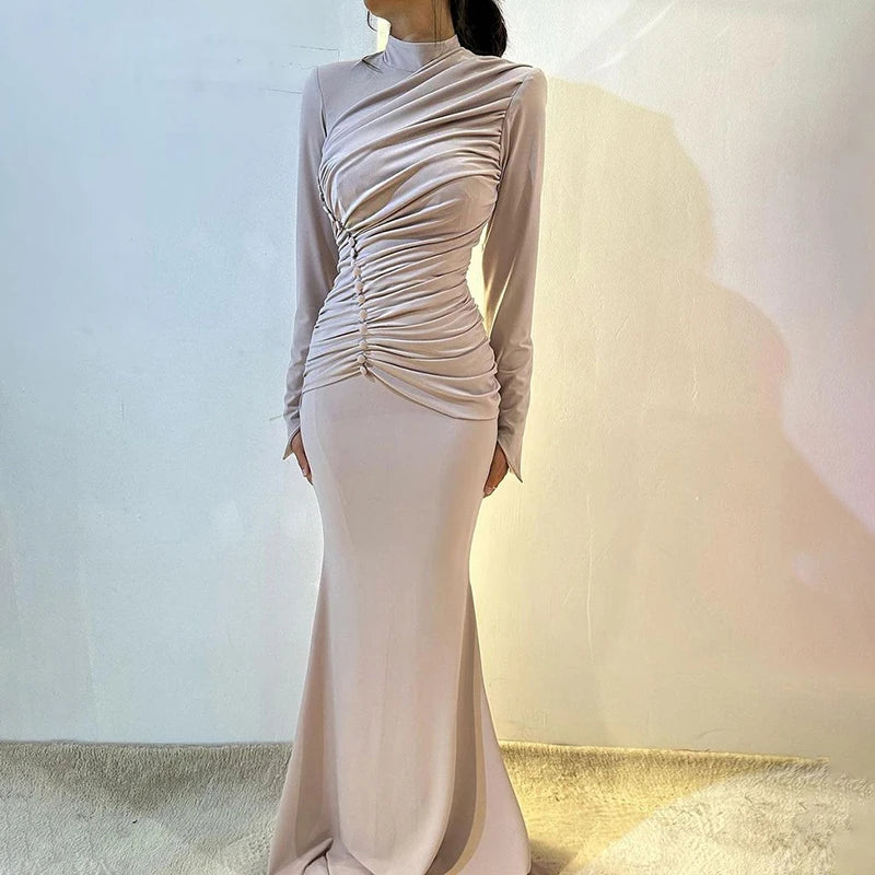 Elegant Half High Collar Long Dress Casual Long Sleeve Solid Floor Length Dress Women Fashion Hight Waist Pleated Slim Fit Dress