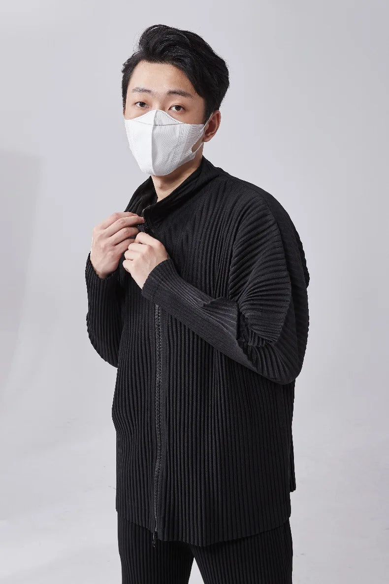 Miyake Men's Pleated Jacket Long Sleeve Standing Collar Fold Jacket Coat High Collar Zip Sweatshirt 2025 Spring Summer New Tops