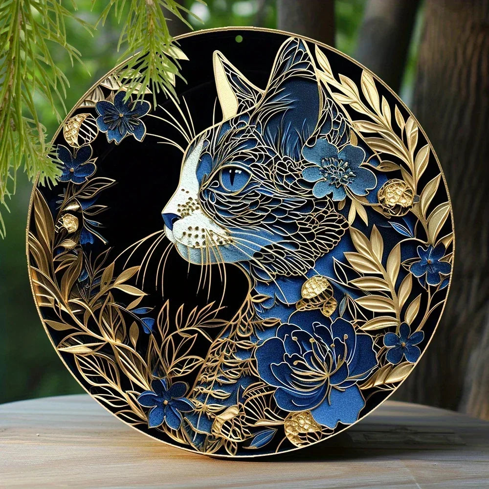 Cute Black Cat Gift Theme Round Metal Aluminum Sign Art Desktop Decorative Plates for Bar Cafe Club Yard Home Office Wall Decor