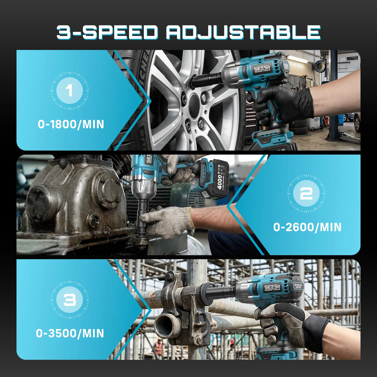 SEESII WH860 1300N.m 3-in-1 Impact Wrench &amp; Cordless Drill