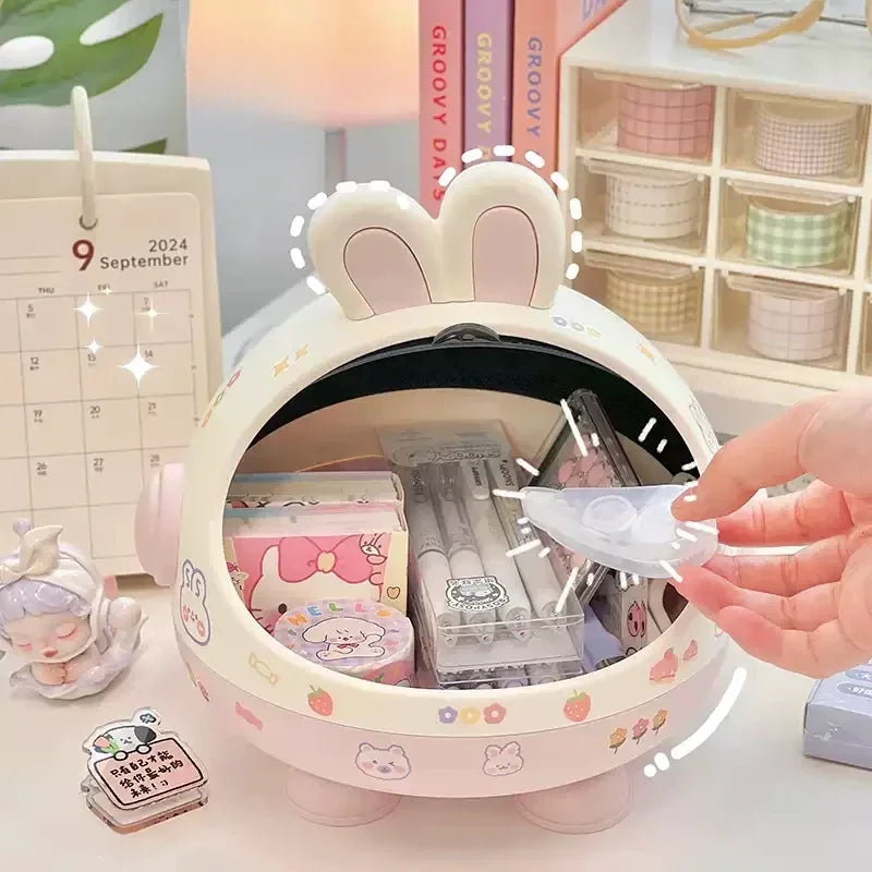 Desktop Rabbit Storage Box Desk Organizer Bin Cute Student Girls Hair Accessories Stationary Storage Kawaii Korean Storage Rack