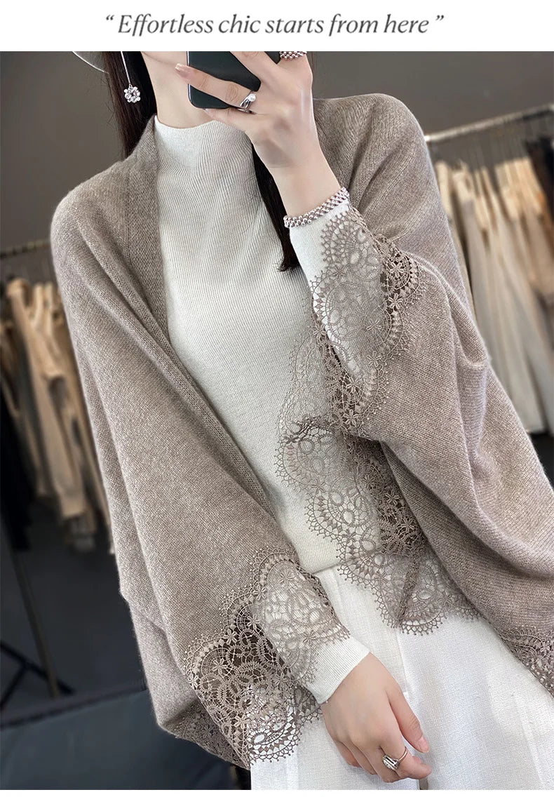 Popular Lace Edge 100% Wool Knitted Shawl Spring Autumn Thin Women's Soft, Skin friendly, Breathable, and Fashionable Cardigan
