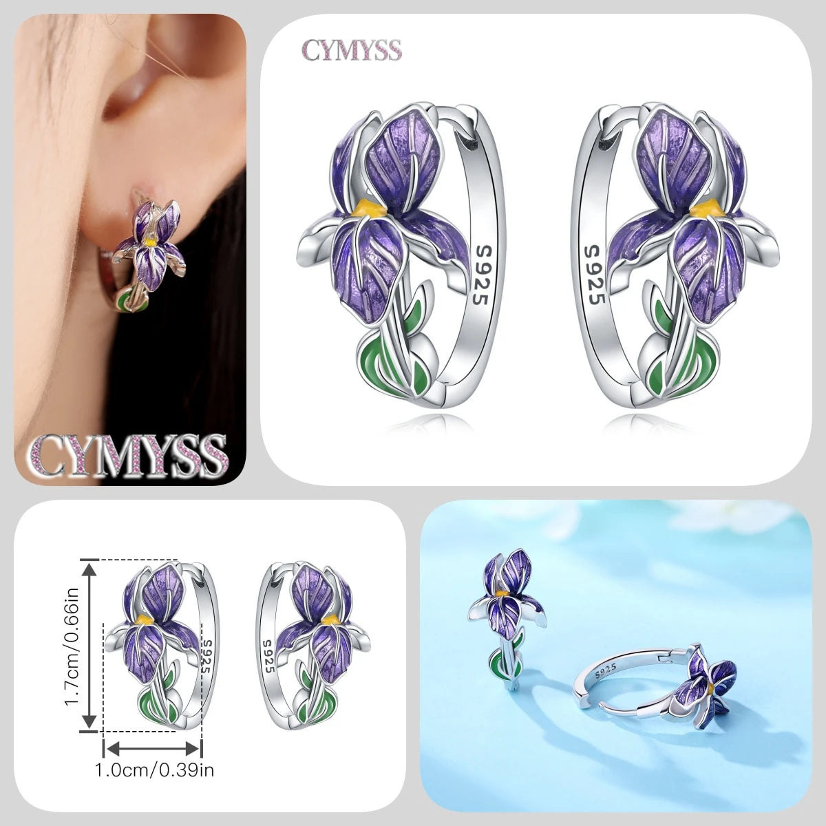 925 Sterling Silver Purple Flowers Plants Leaf Series Blue Iris