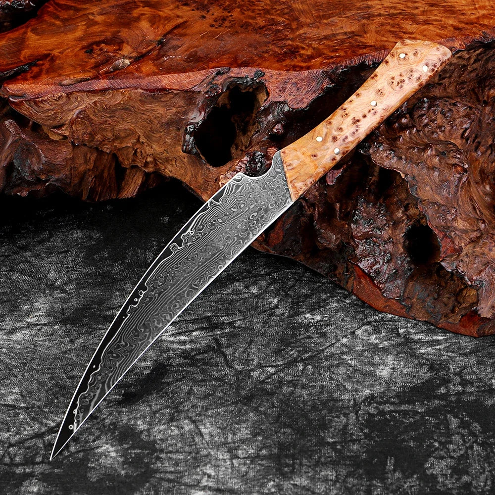 Damascus Steel Handmade Curved Edge Japanese Utility Knife,Full Tang Pakkawood Handle,High Hardness Sharp Kitchen Peeling Knife