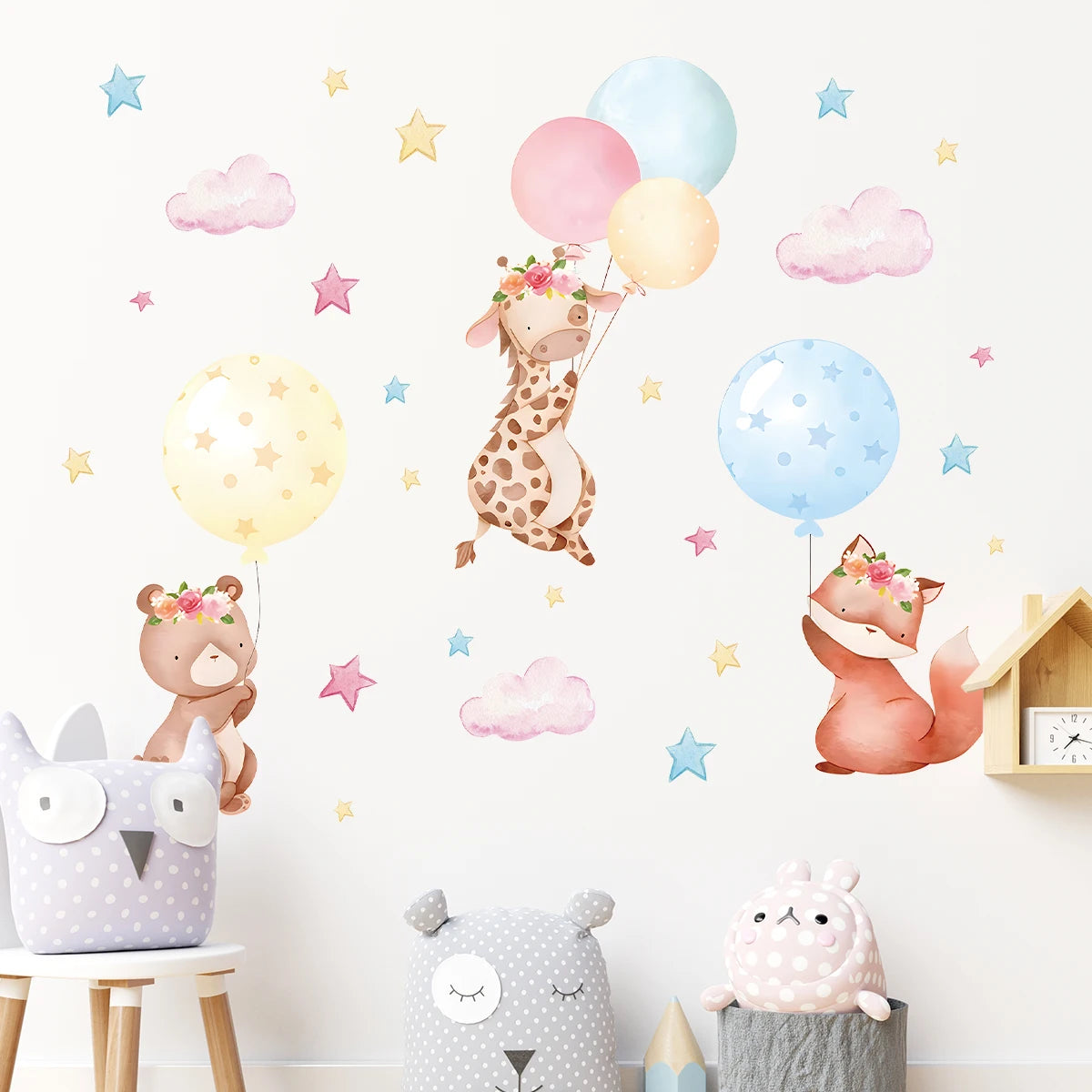 1Pc Cartoon Cute Animals Rabbit Balloon Wall Sticker Decoration for Bedroom Girls Gift Wall Art Home Decor Living Room Kids Room