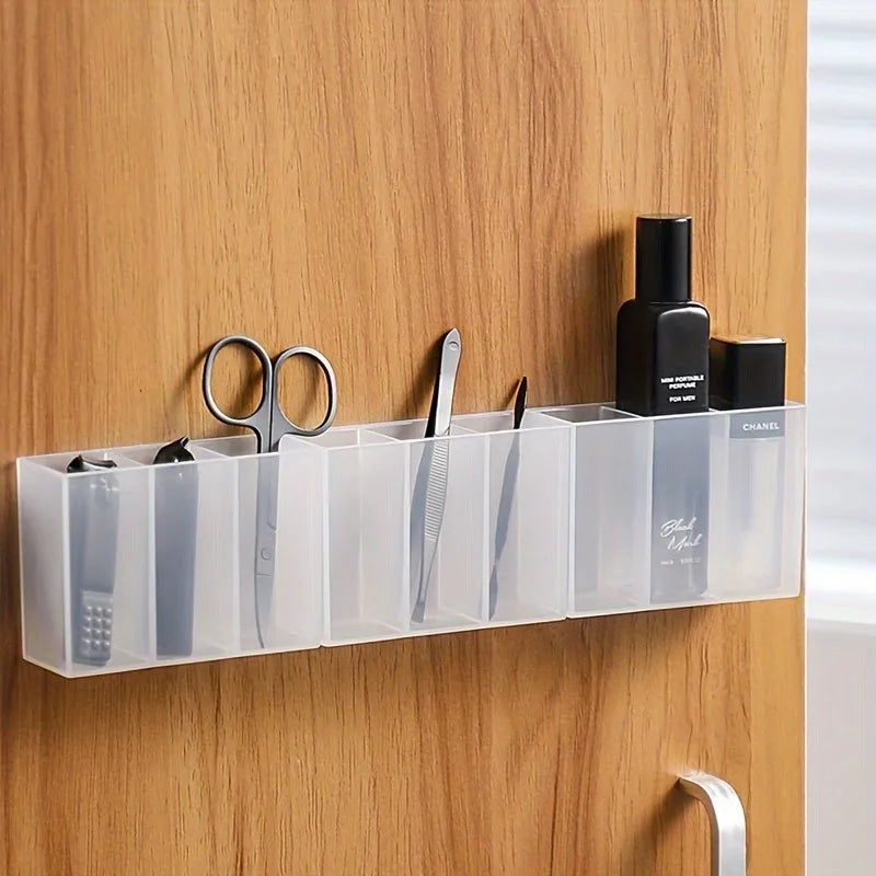 Transparent Wall-Mounted 3-Compartment Organizer - Self-Adhesive Storage Box for Makeup Brushes, Lipstick, Pens - With Shelves