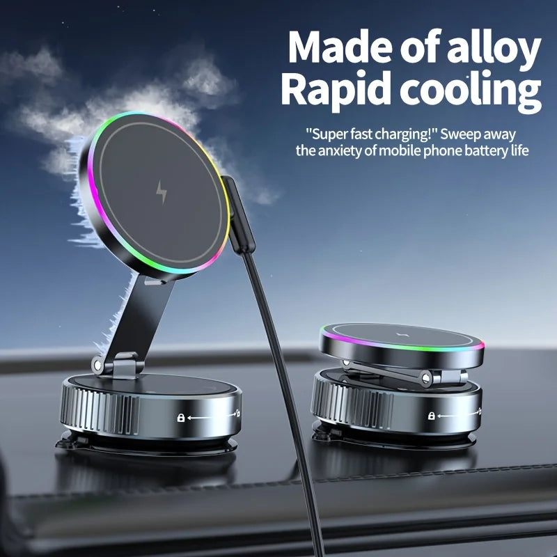 Magnetic Car Wireless Charger RGB Light Phone Holder Stand 360° Rotate Vacuum Suction Cup For Magsafe iPhone 12-16 Fast Charging