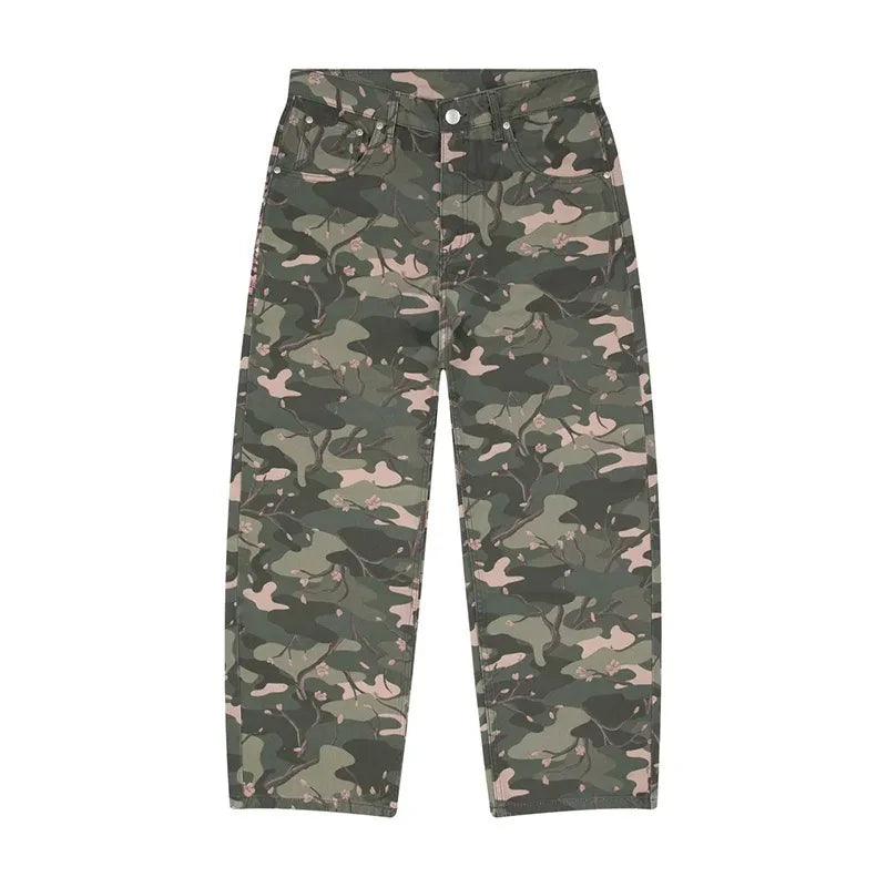 Mens Jeans Y2K Sakura Embroidery Camo Denim Pants Harajuku Unisex