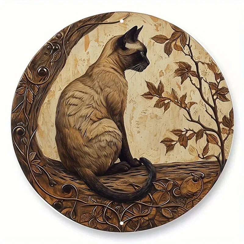 Cute Black Cat Gift Theme Round Metal Aluminum Sign Art Desktop Decorative Plates for Bar Cafe Club Yard Home Office Wall Decor