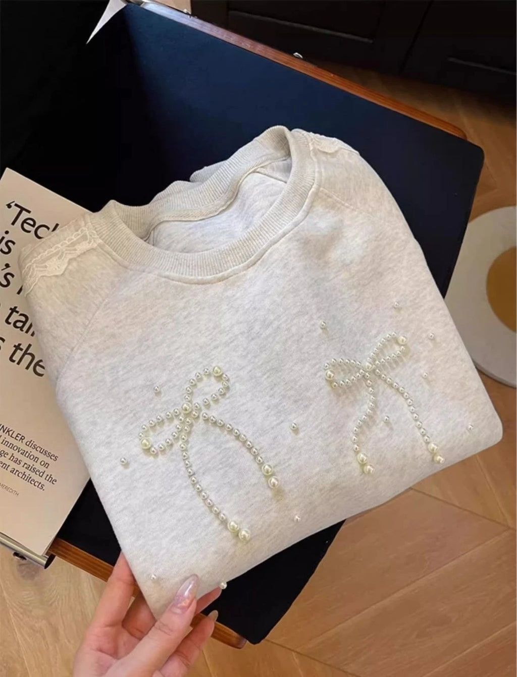 Grey Woman Pullover Tops Lace Emo Cotton Y2k Style New in Dropshiping Vintage 2025 Trend Basic Matching Bow Sweatshirt for Women