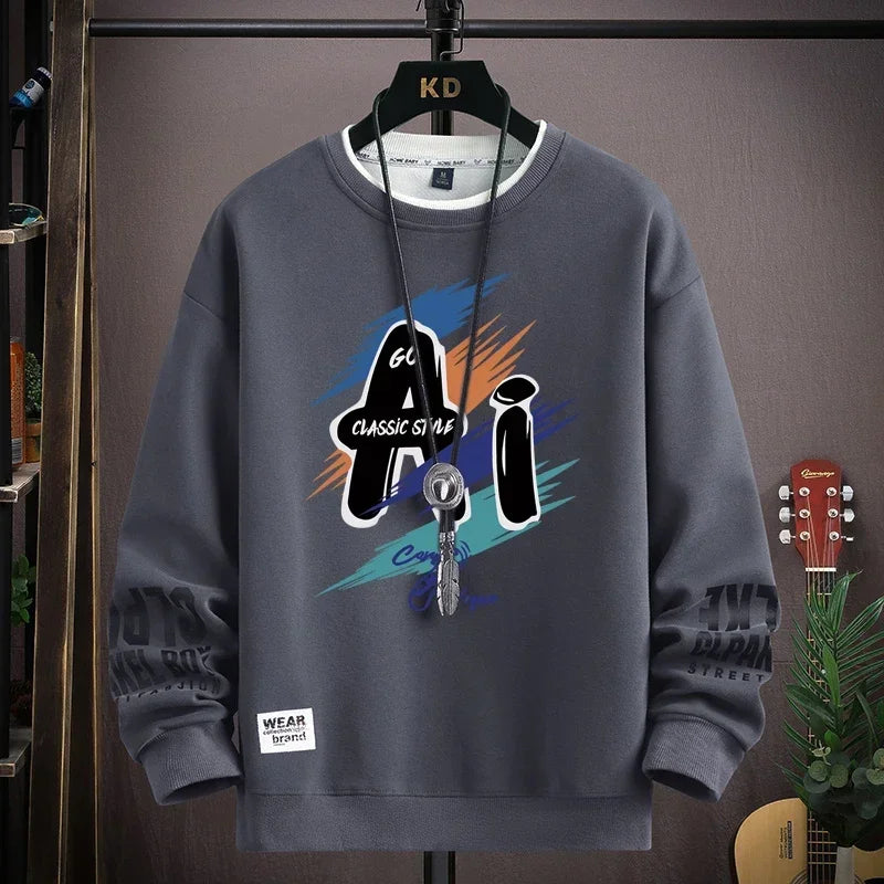 Autumn Men's Sweatshirt Trendy Printed Long Sleeve T-shirt Fashion Men's Clothing Khaki O Neck Harajuku Exclusive Design Top New