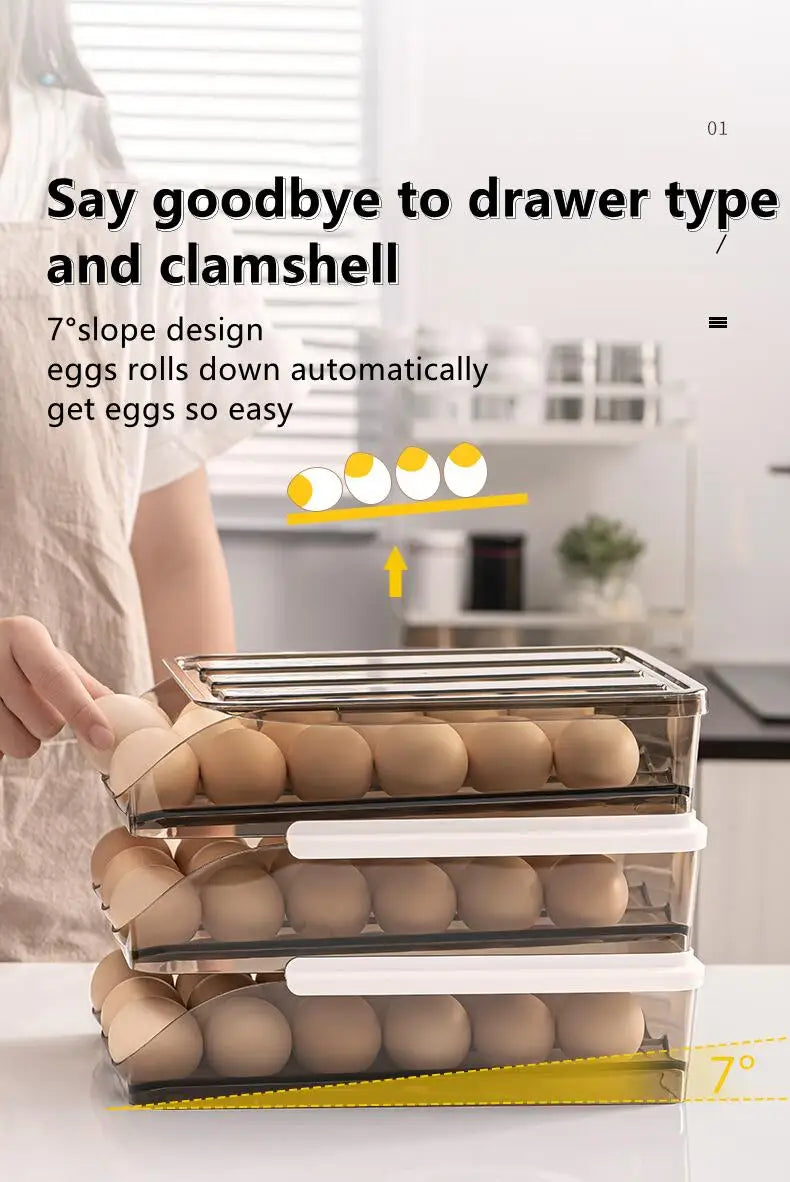 Automatic Slide Egg Storage Box Transparent Drawer, Stackable Rolling Eggs Rack Egg Tray Holder Basket, Kitchen Fridge Organize
