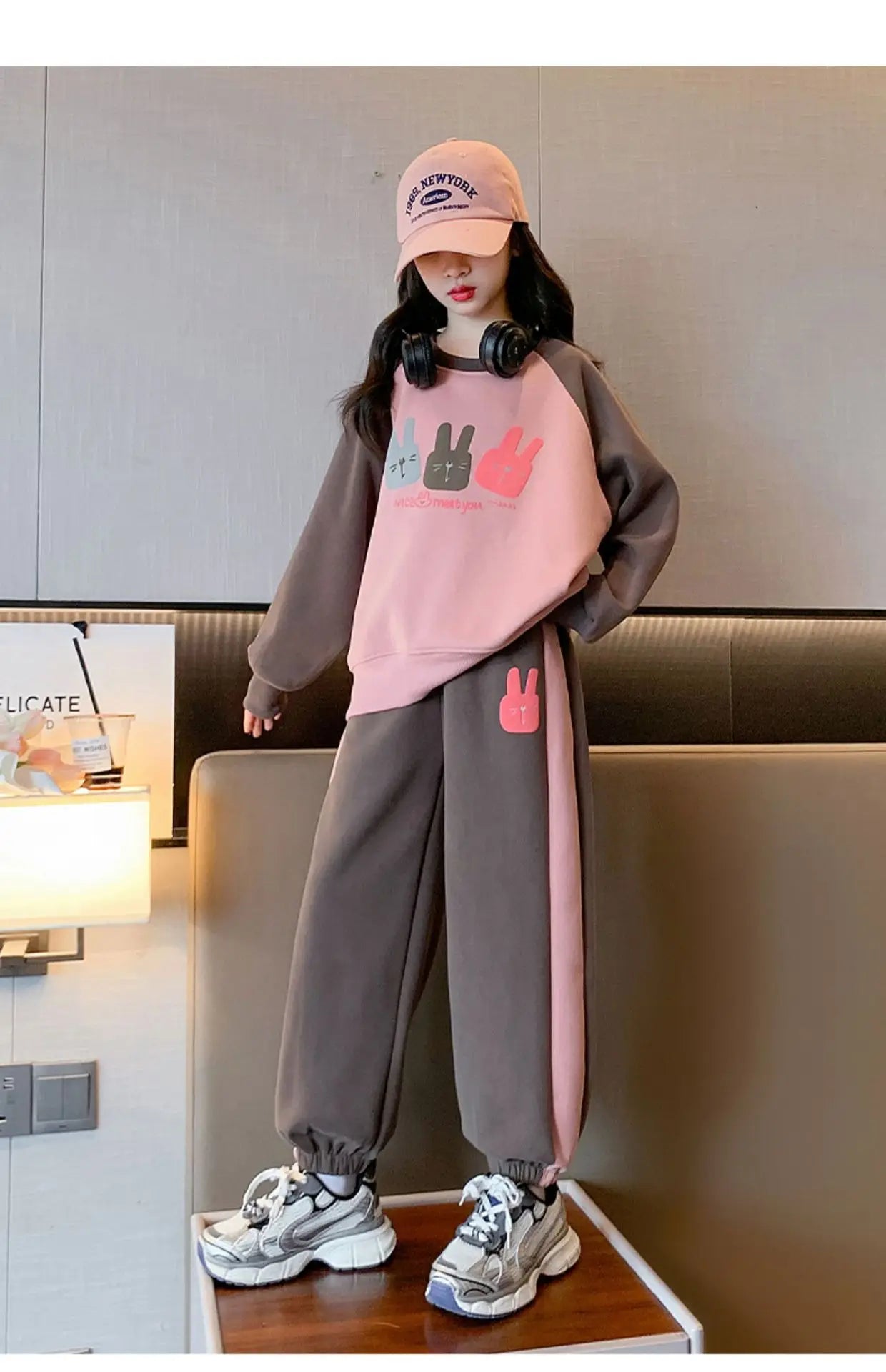 Girls Cotton Contrast Cartoon Alphabet Loose Sweatshirt+Sweatpant School Kids Tracksuit Child Jogger Outfit Workout Sets 5-16Yrs