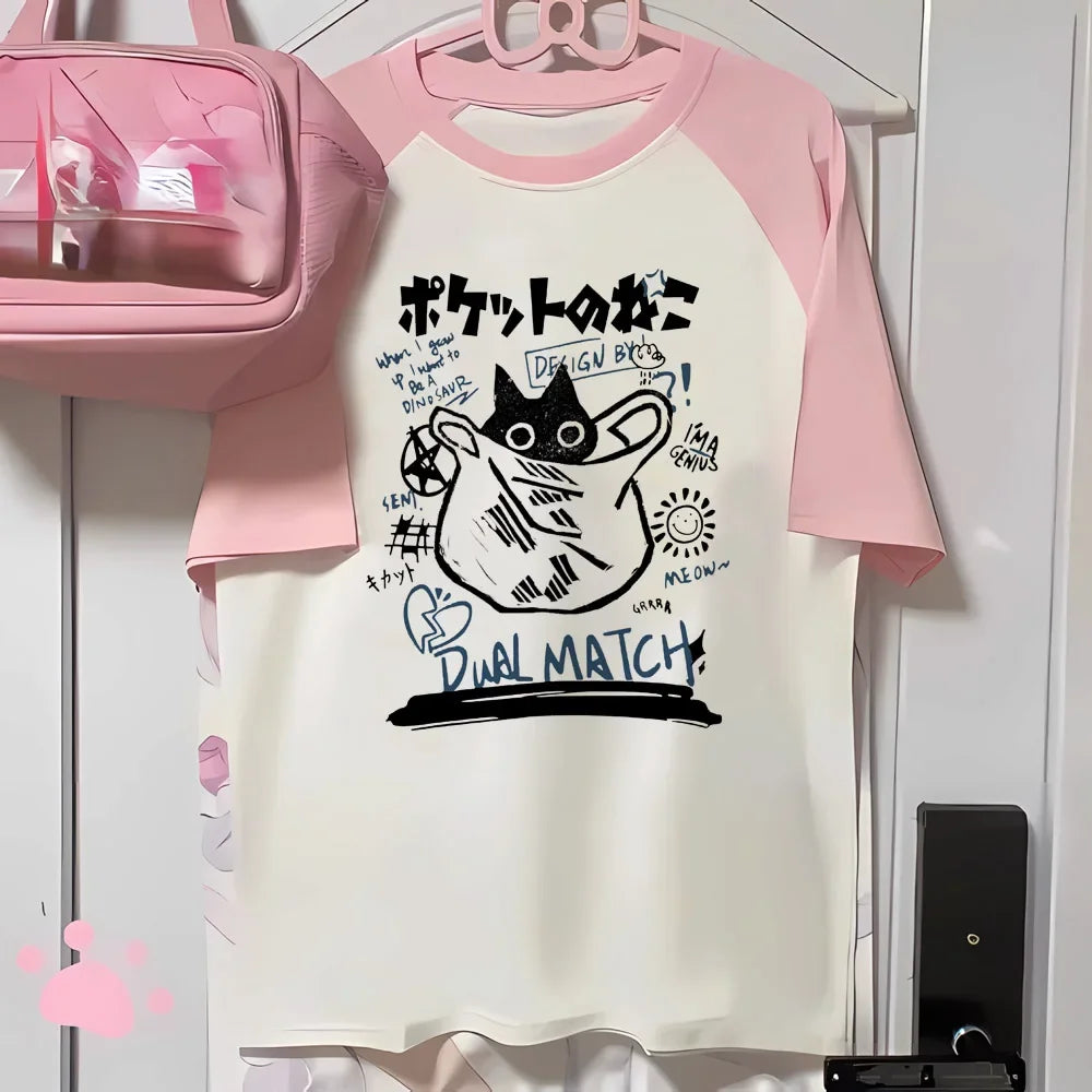 Aesthetics Japanese Grunge T-shirt Y2k Harajuku Anime Cartoon Cat
