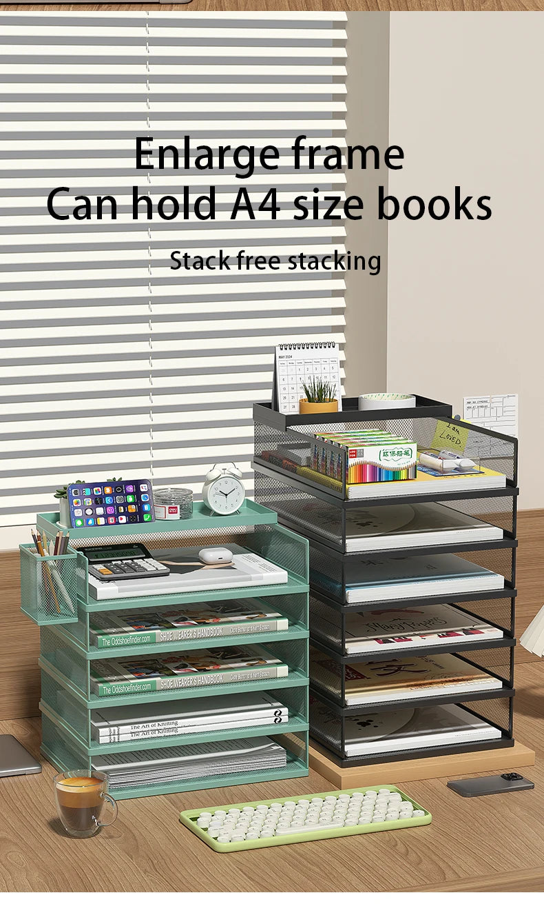 4-Tier Green Stackable Letter Tray Office Desk Organizer File Trays, Desktop Holder for Paper Letter Accessories with Pen Holder