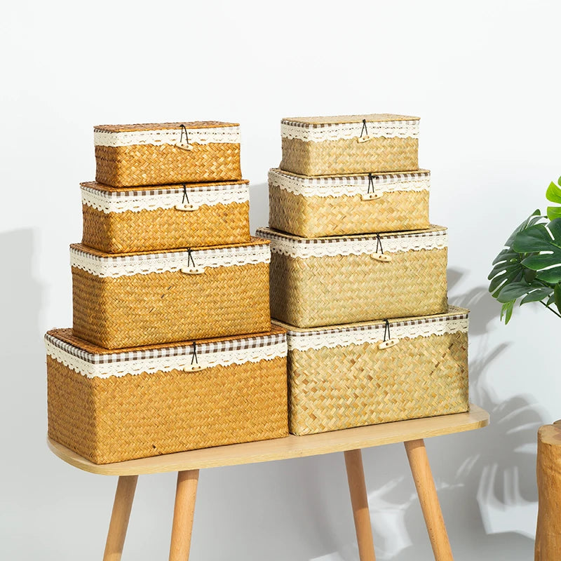 Wicker Basket with Lids Nautral Seagrass Storage Box Basket Woven Rectangular Bins Container Rattan Storage Kitchen Organizer