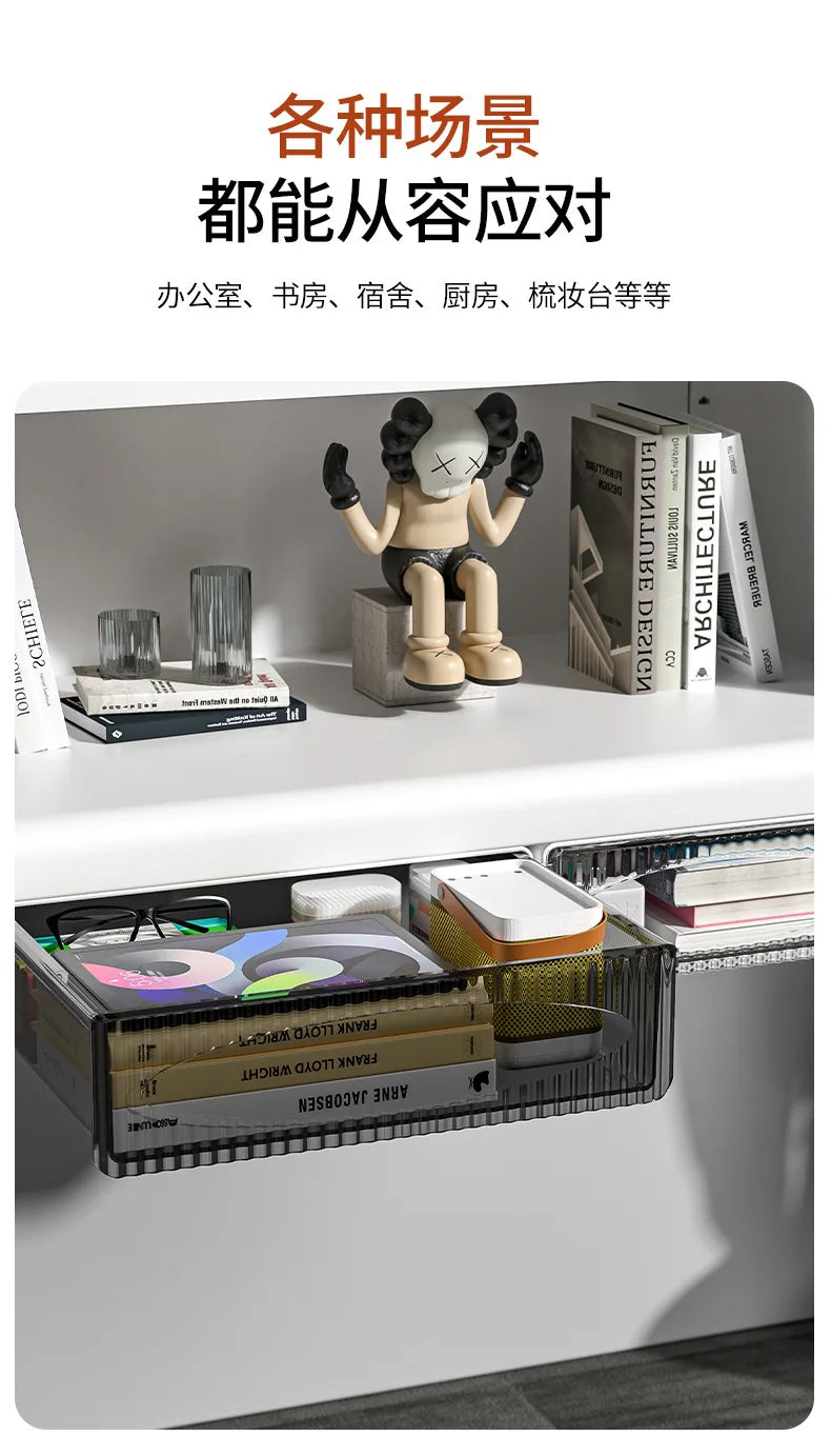 Under Table Hidden Drawer Storage Box with SelfAdhesive Mount Large Capacity Office Desk Organizer for Supplies Files Stationery