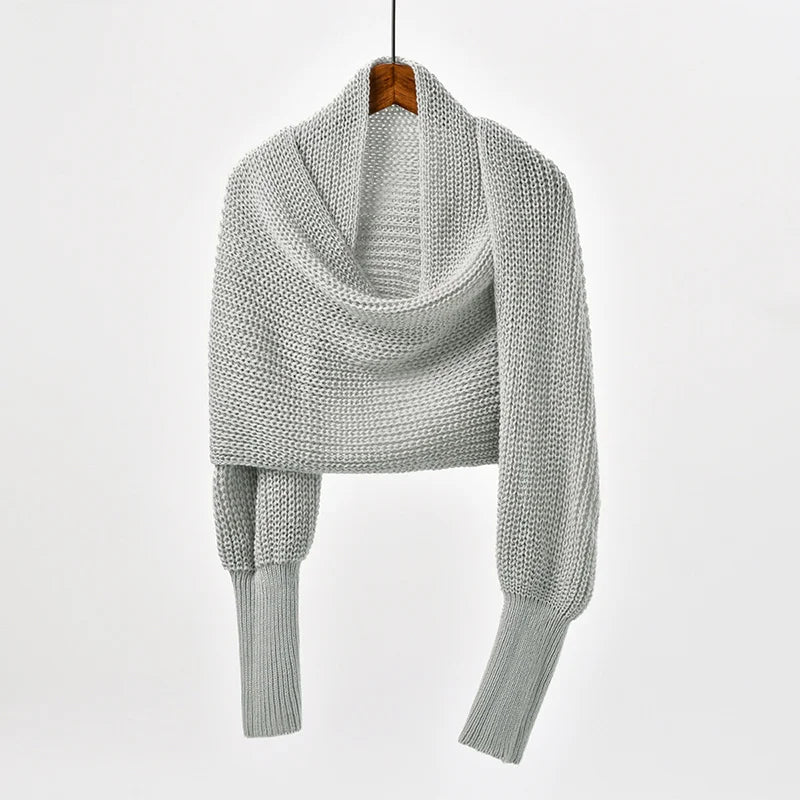 Woman Knitted Shawl Scarf With Long Sleeve Autumn Winter Outdoor Warm Soft Windproof Hollow Out Crop Top Shawl Scarf 210*33cm