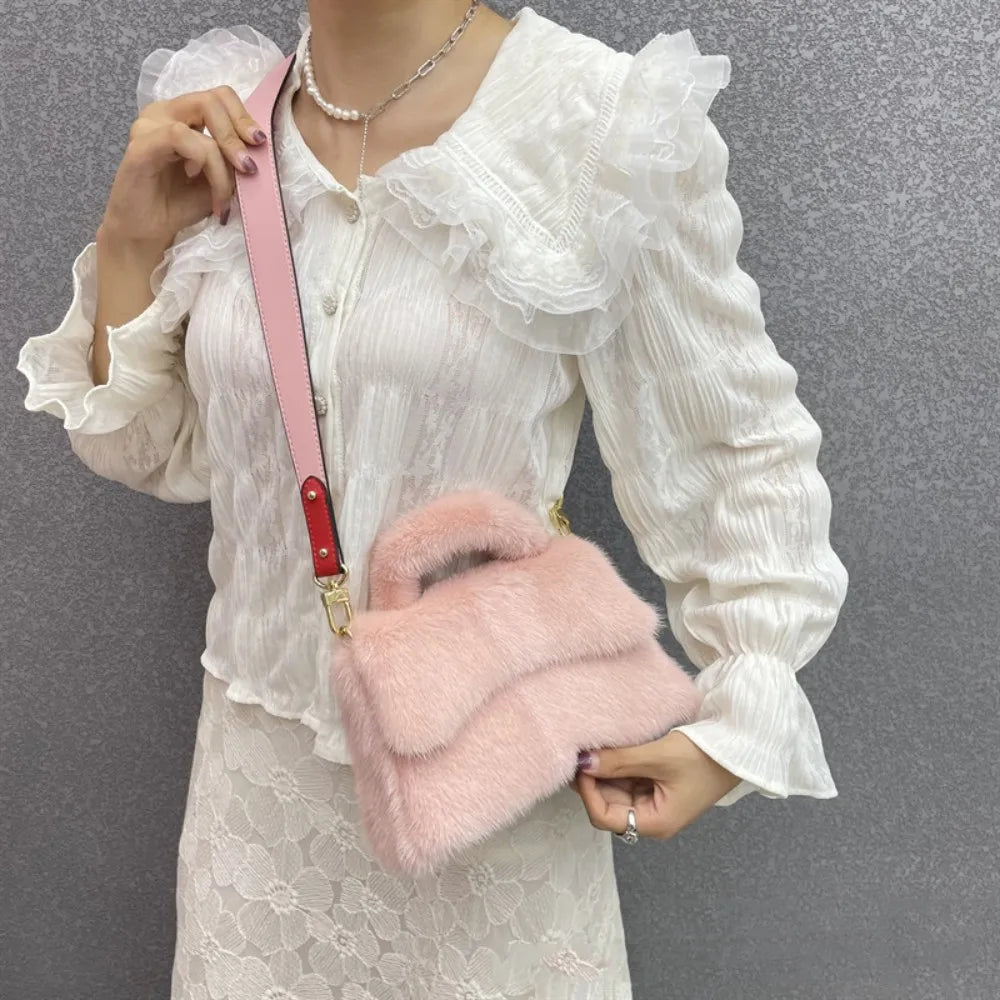 Mink Fur Small Bag for Woman Luxury Designers Handbag Women Black