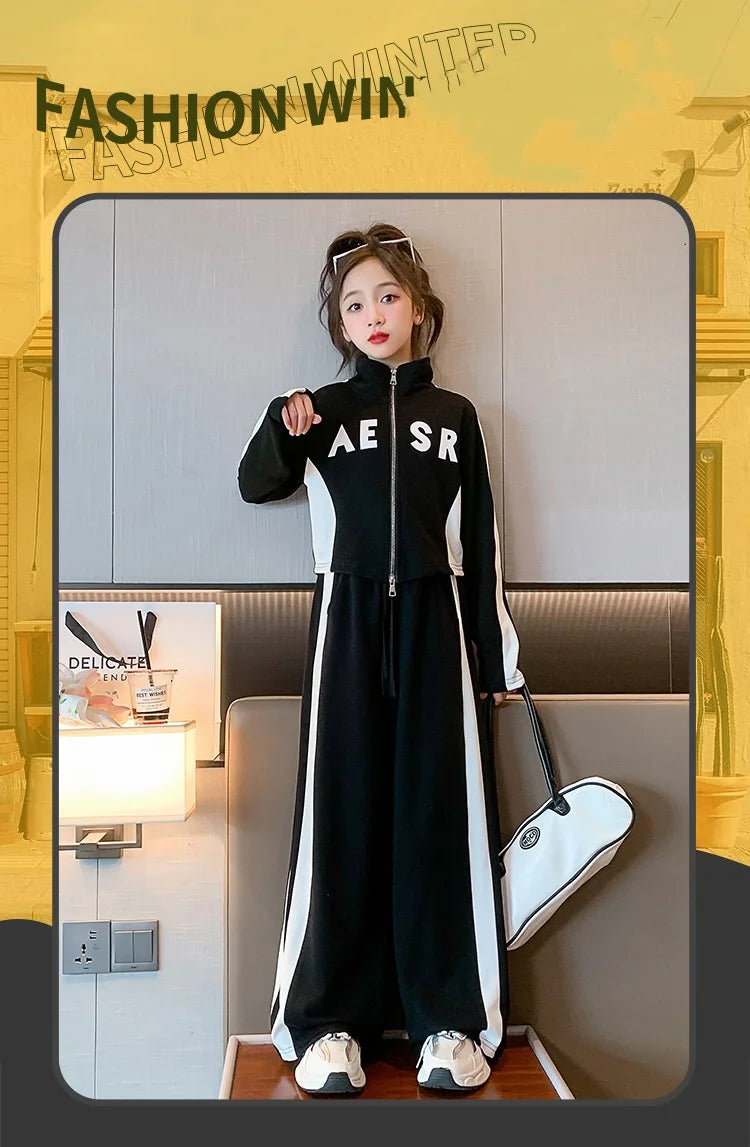 Girls Patchwork Alphabet 2-Way Zip Sweatshirt Jacket+Sweatpant Workout Set School Kids 2PCS Tracksuit Child Jogger Outfit 7-16Yr