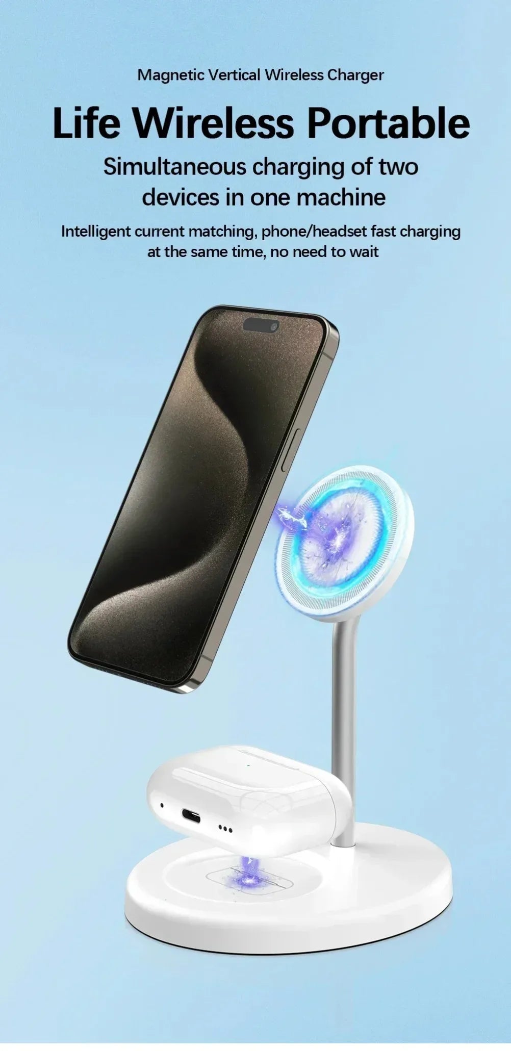 2 In 1 Fast Wireless Charging Station Dock Magnetic Wireless Charger Stand Phone Earphone For iPhone 16 15 14 13 12 For Airpods