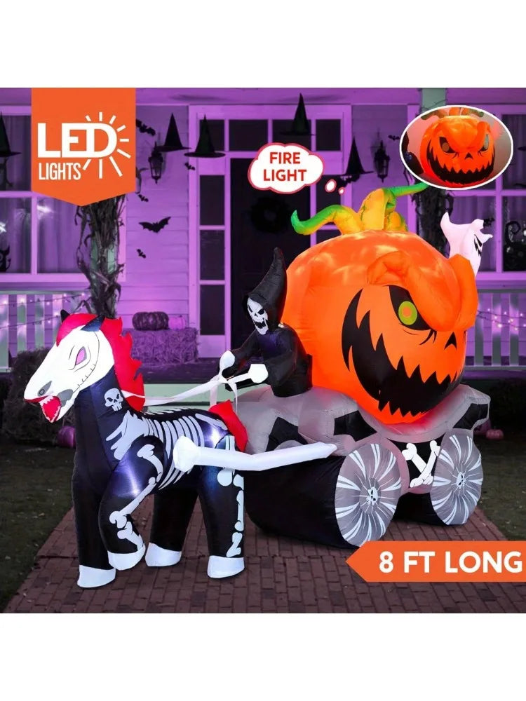 8 Ft Long Halloween Inflatables Pumpkin Carriage Outdoor Decorations