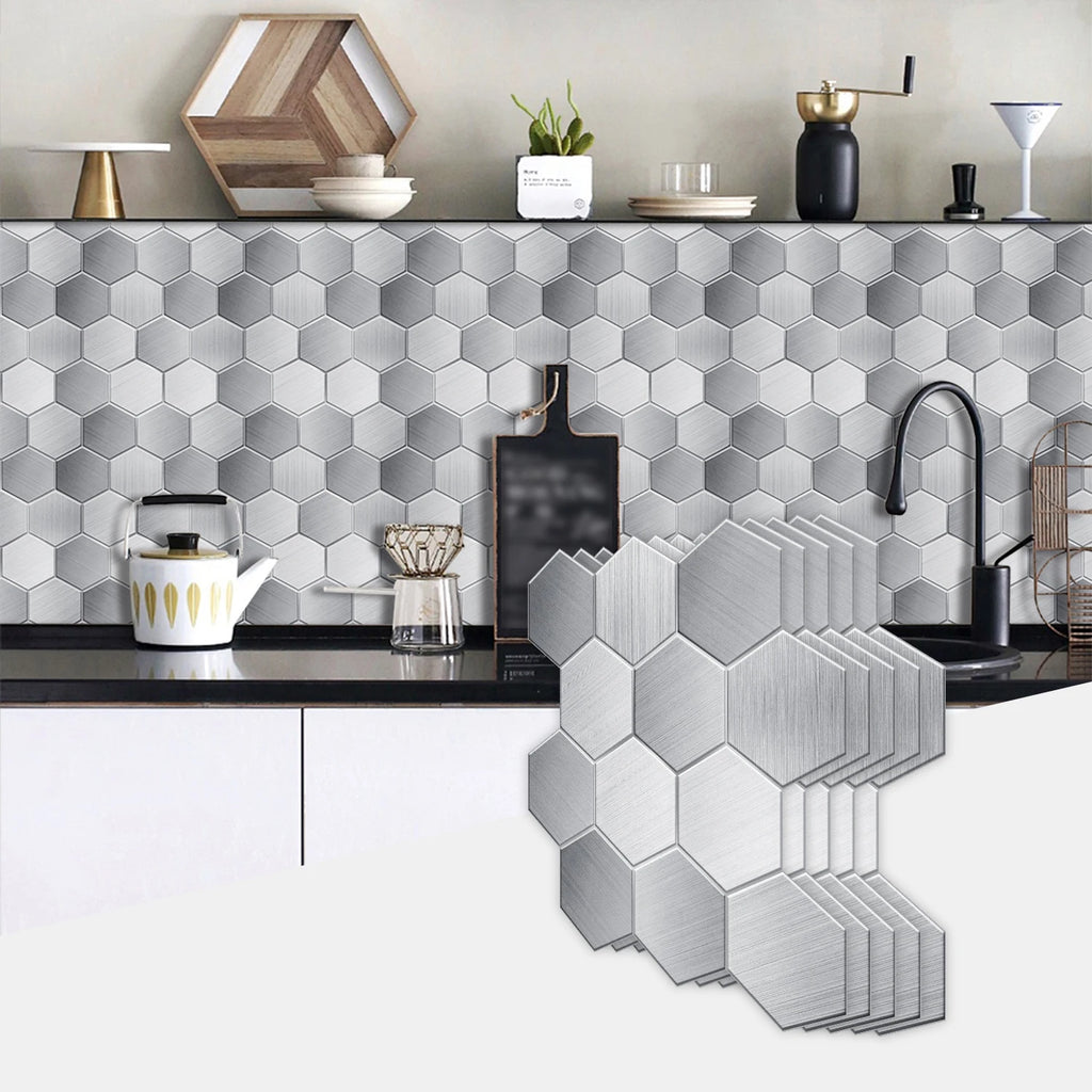 5 Styles Flat Hexagon Marble Embossing Tile Wall Stickers Oil-Proof Kitchen & Bathroom Washbasin Glossy Surface Decorative Mural
