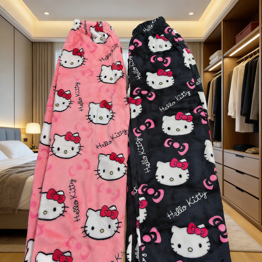Hello Kitty Pajamas Halloween Flannel Fashion Trouserswomen Kawaii Woolen Anime Cartoon Casual Home Pants Autumn