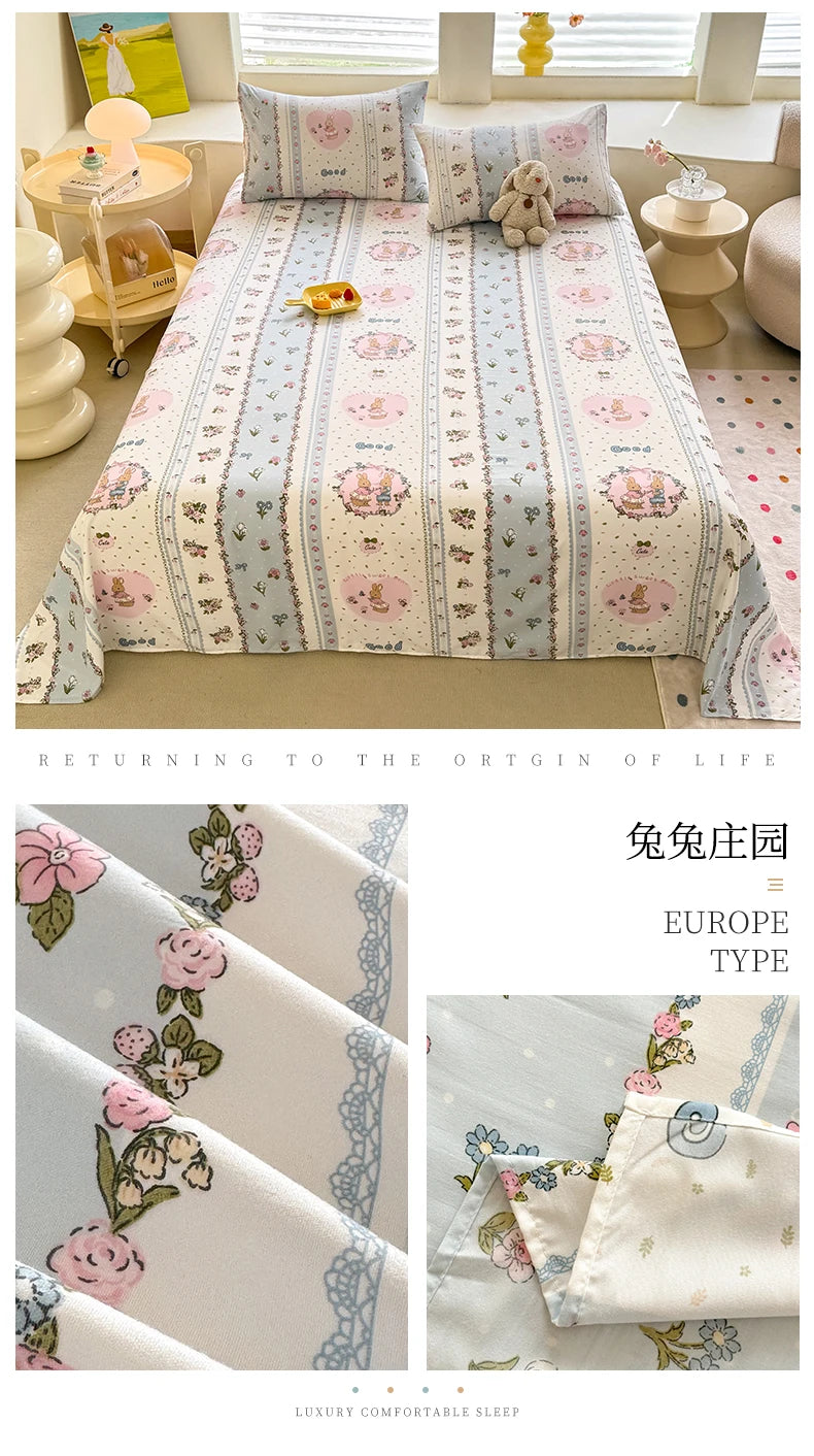 1pc Washed Cotton Flat Bed Sheets Single/Queen/King Size Bed Cover for Double Bed Flower Printed Soft Bed Sheets Top Sheets Set