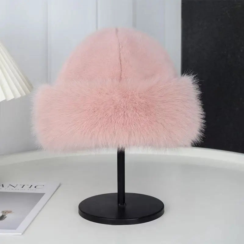 Winter Thick Warm Furry Beanies Hat Women Fashion Imitation Mink Fur Russian Cap Solid Color Plush Brimless Cap Brimless Ski Hat