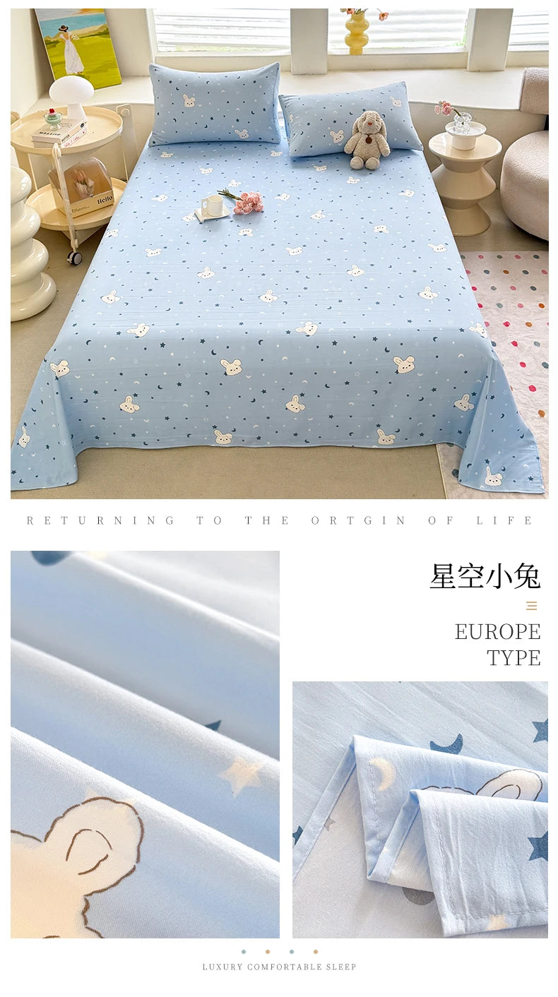 1pc Washed Cotton Flat Bed Sheets Single/Queen/King Size Bed Cover for Double Bed Flower Printed Soft Bed Sheets Top Sheets Set
