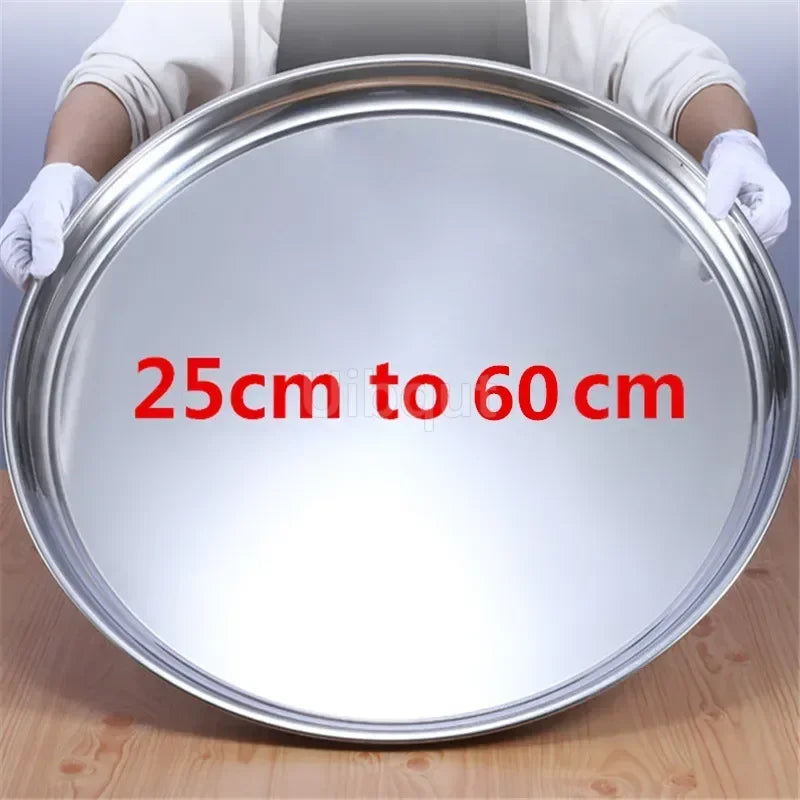 Thick Stainless Steel Plate round Large Disc Flat Bottom Shallow tray Extra Large Fish Head fruite meat Plate Restaurant Hotel
